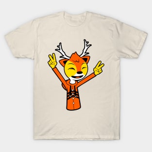 Happy Golden Reindeer With Two Raised Peace Hand Signs T-Shirt